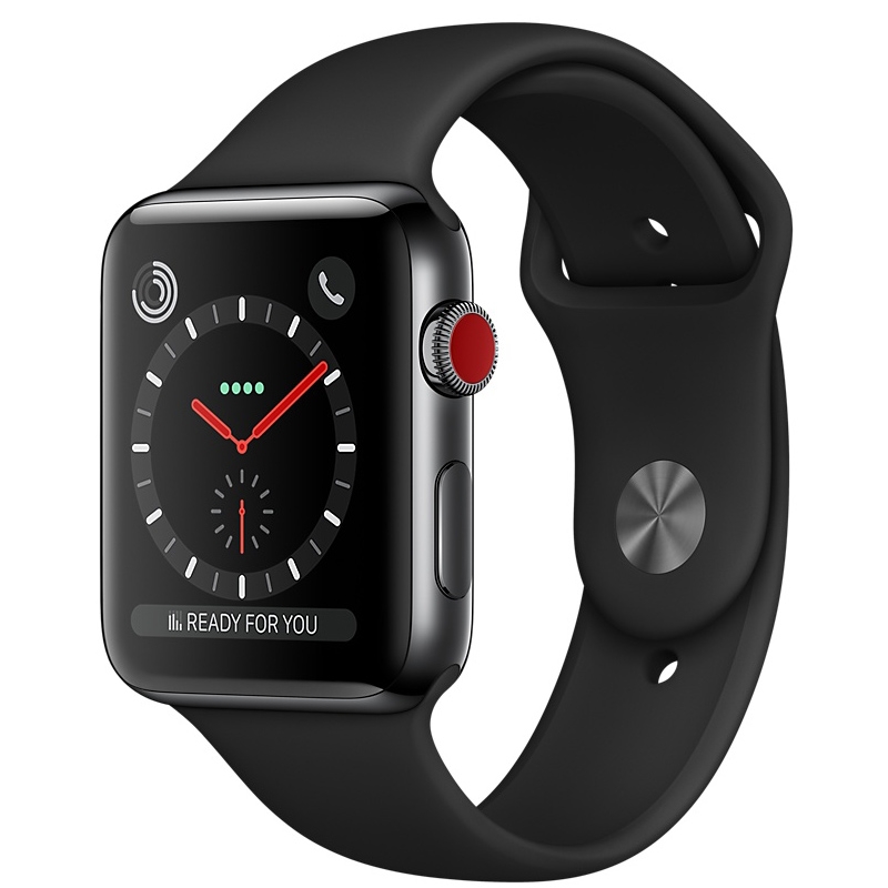 Apple Watch Series 3 GPS + LTE 38mm Space Schwarz Edelstahl Sportband Schwarz