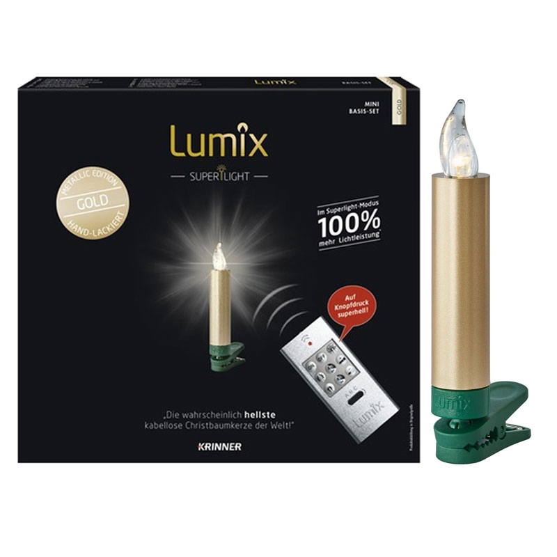 Krinner Lumix SuperLight Metallic 12er Basis-Set Kabellose Christbaumkerzen Gold