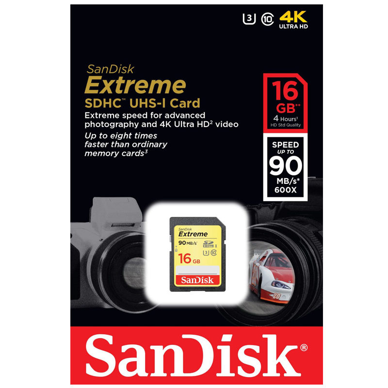 Sandisk Extreme SDHC Card 16GB 90MB/s Class 10 UHS-I U3