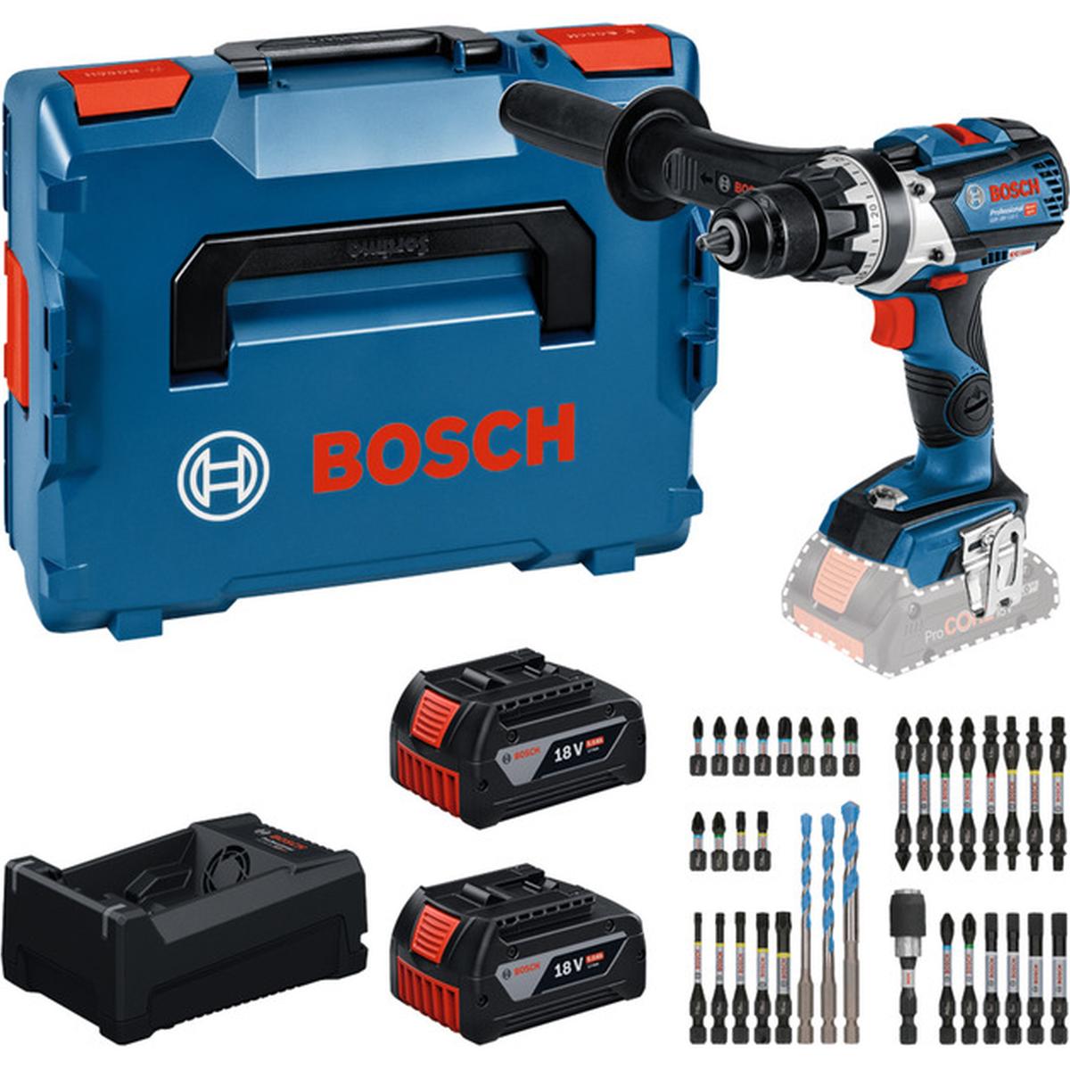 Bosch GSR 18V-110 C Professional 2 x 5.0 Ah und Ladegerät + Bit-Set in L-BOXX