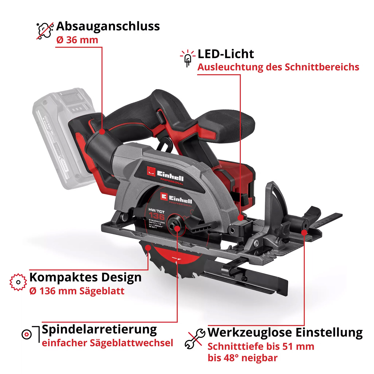 Einhell Professional TP-CS 18/136-C Li BL-Solo Akku-Handkreissäge