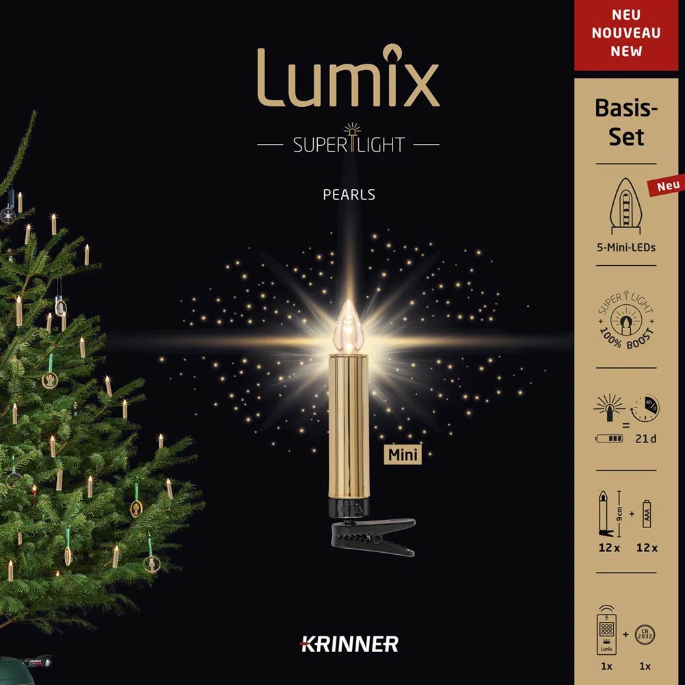 Krinner Lumix SuperLight Pearls Mini Basis-Set Kabellose Christbaumkerzen gold