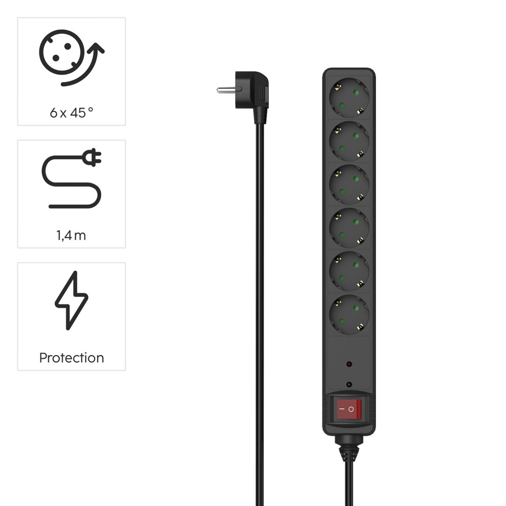 Hama Steckdosenleiste, 6-fach, Überspannungsschutz, Schalter, 1,4 m, Schwarz