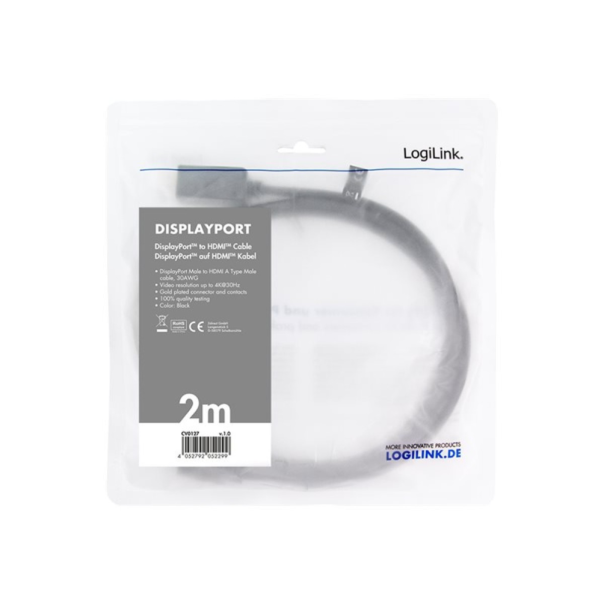LogiLink DisplayPort 1.2-auf-HDMI 1.4 4K Anschlusskabel 2m