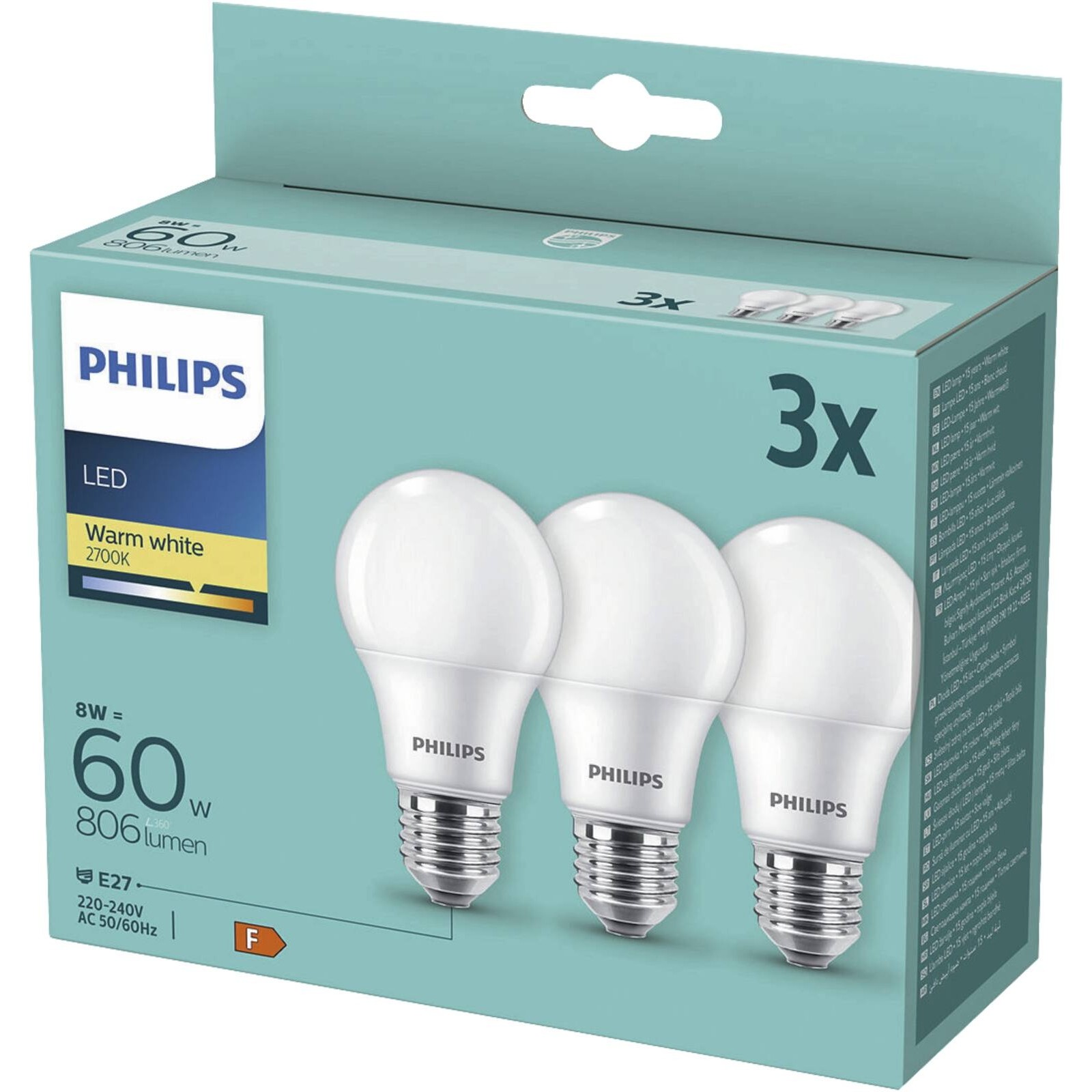 Philips LED A60 E27 8W LED-Lampe 3 Stück warmweiß matt