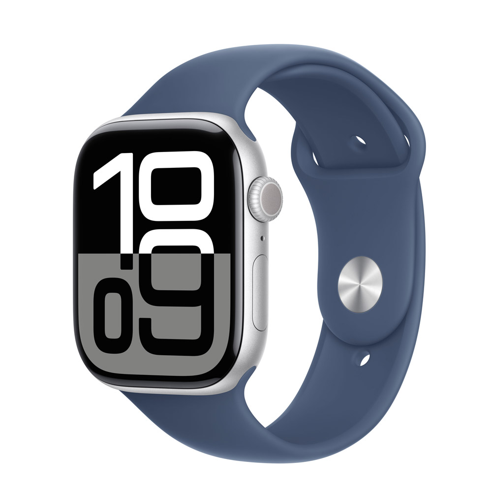 Apple Watch Series 10 4G 46mm Aluminium Silber Sportarmband Denim S/M