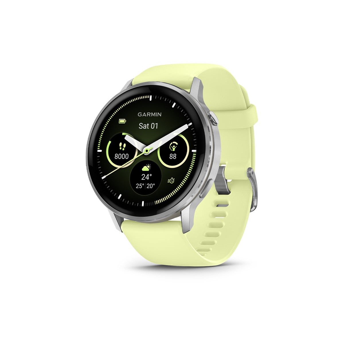 Garmin Venu® 4 (45mm) Fitness-Smartwatch mit Silikon-Armband (22mm) grau/silber/zitrone