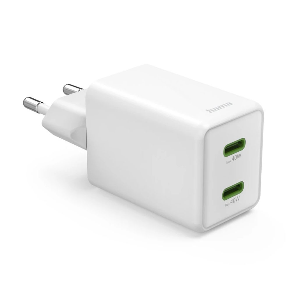 Hama Schnellladegerät, GaN, 2x USB-C, Super-Mini-Ladegerät, PD, 40 W, Weiß