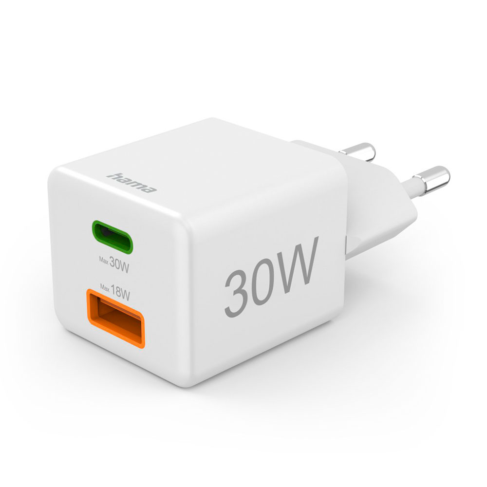Hama Schnellladegerät, 1x USB-C, 1x USB-A, Mini-Ladegerät, PD, 30 W, Weiß
