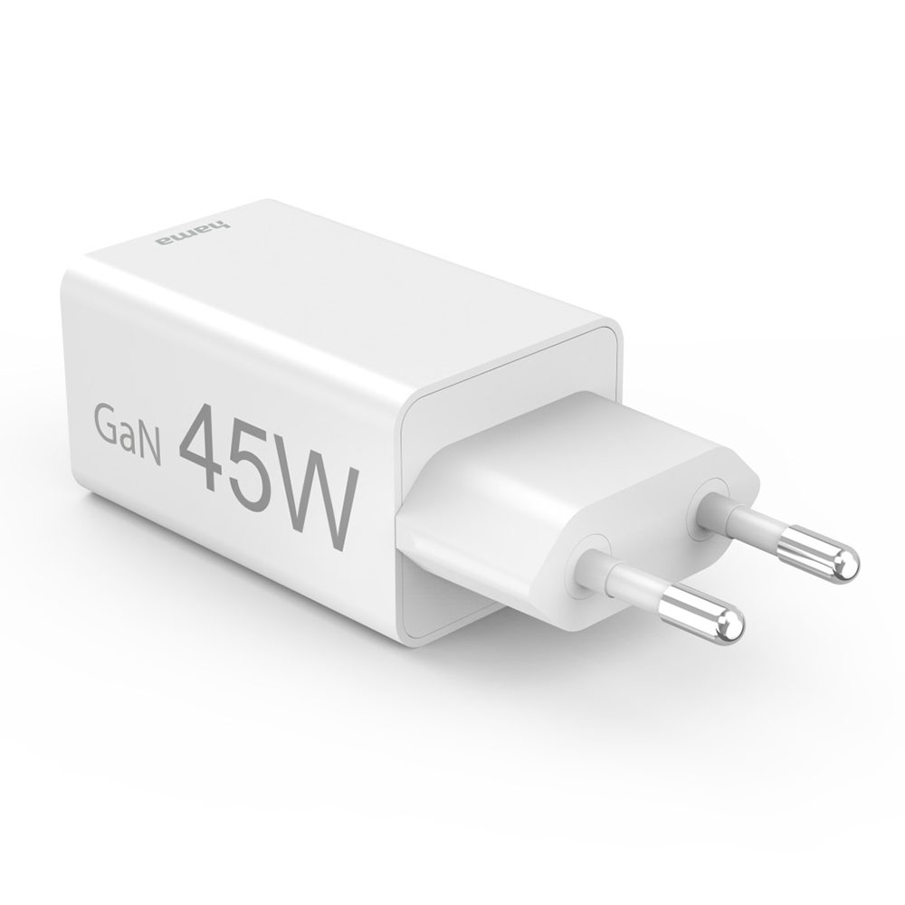 Hama Schnellladegerät, 1x USB-C, 1x USB-A, Mini-Ladegerät, PD, 45 W, Weiß