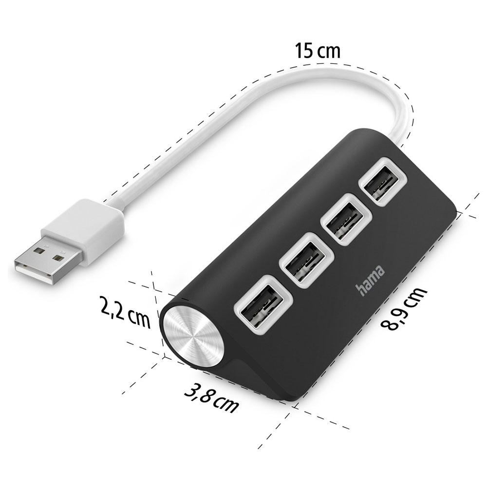 Hama USB-Hub, 4 Ports, USB 2.0, 480 Mbit/s, Schwarz