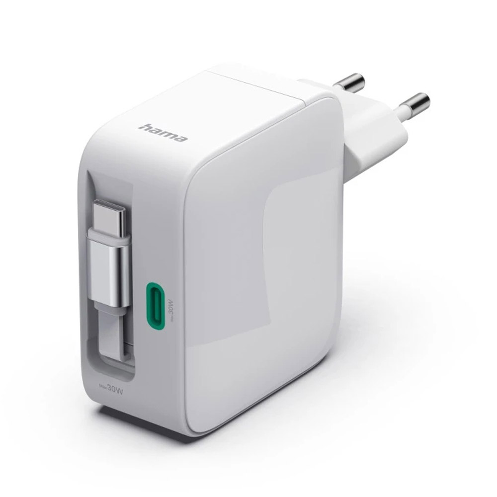 Hama Schnellladegerät, GaN, 2x USB-C, ausziehbares Ladekabel, PD, 30 Watt, Weiss