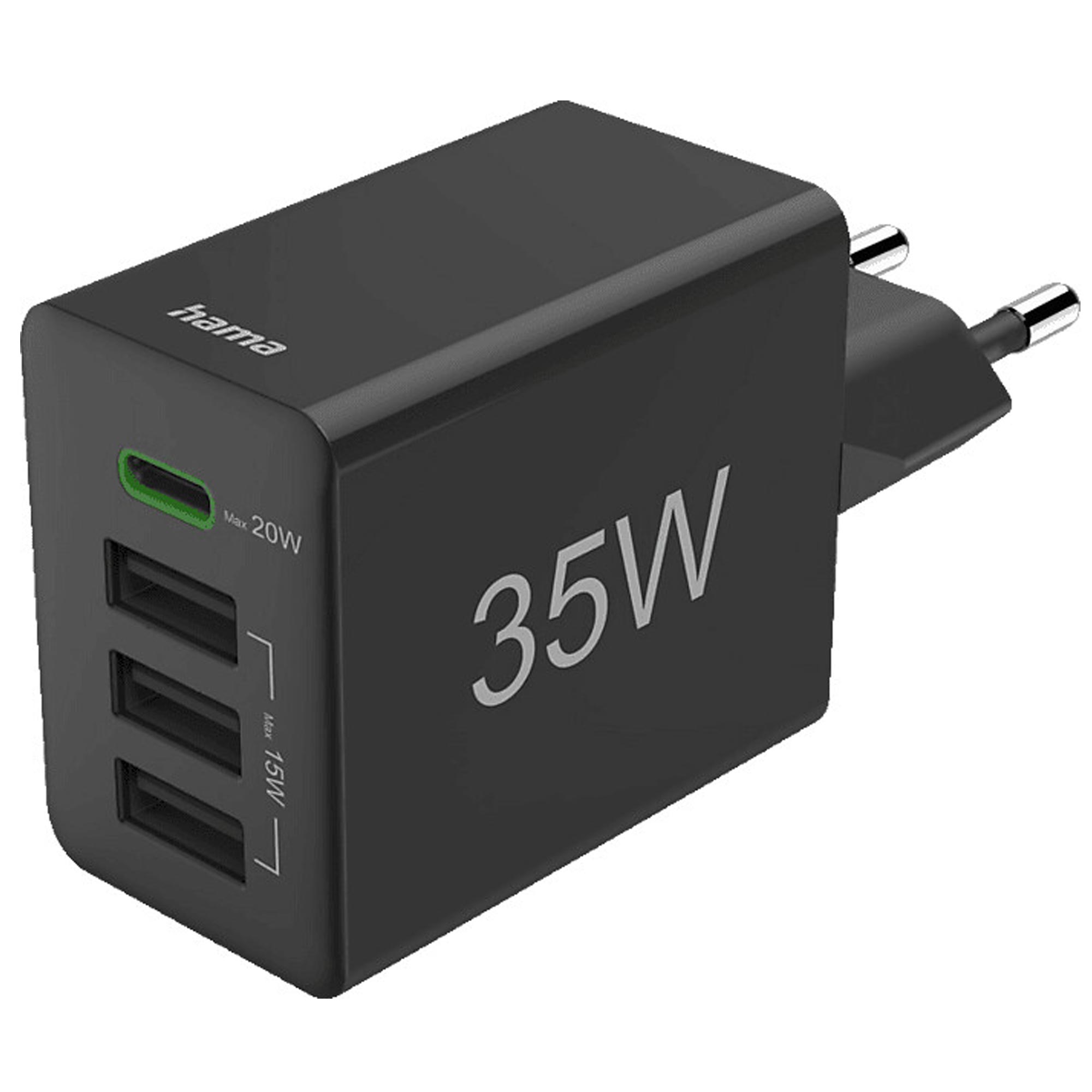 Hama Schnellladegerät, 1x USB-C PD, 3x USB-A, Mini-Ladegerät, 35W, Schwarz