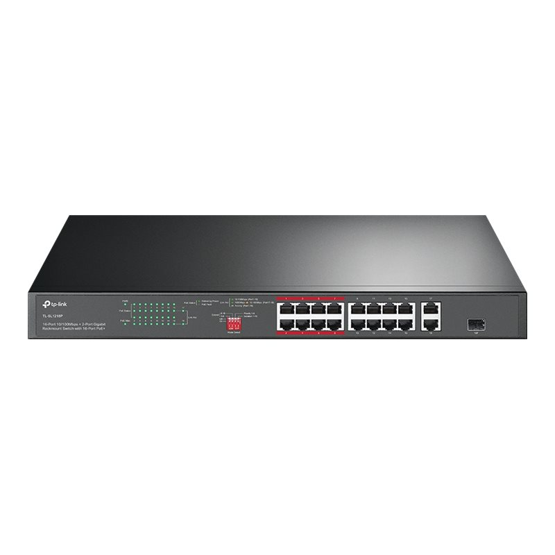 TP-Link TL-SL1218P 16-Port Fast Ethernet Rackmount PoE+ Switch + 2 Gigabit Port