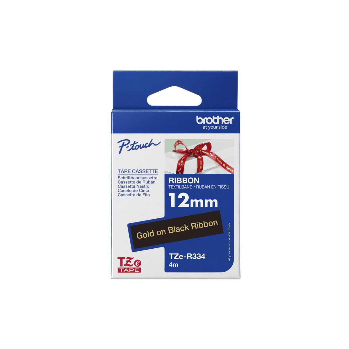 Brother TZe-R334 Schriftband 12mm x 4m gold auf schwarz