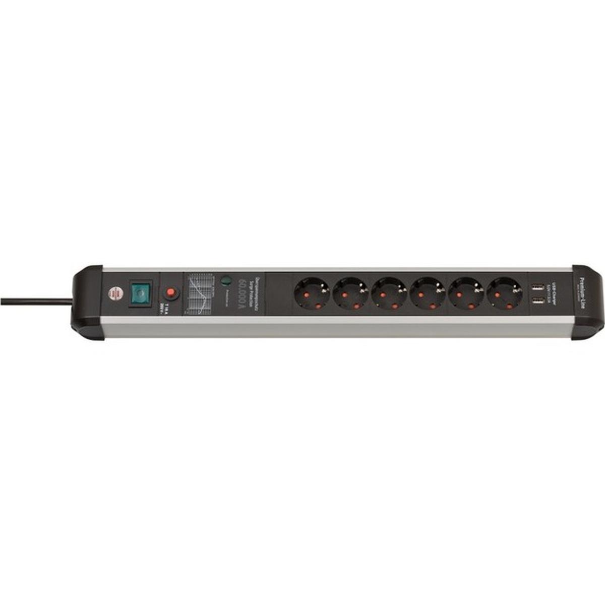 Brennenstuhl Premium-Protect-Line 6-fach Steckdosenleiste mit Überspannungsschutz und USB 3m silber/schwarz
