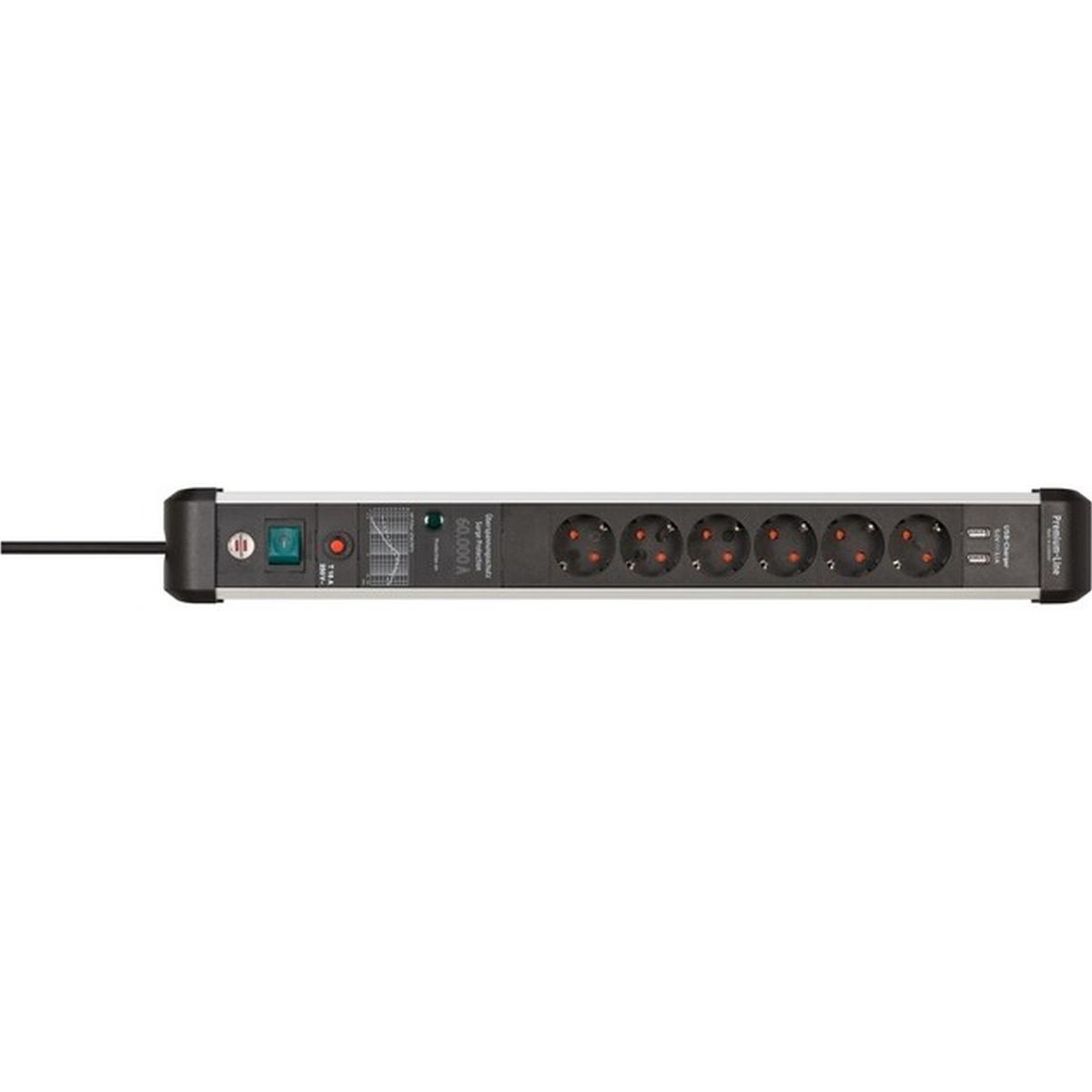 Brennenstuhl Premium-Protect-Line 6-fach Steckdosenleiste mit Überspannungsschutz und USB 3m silber/schwarz