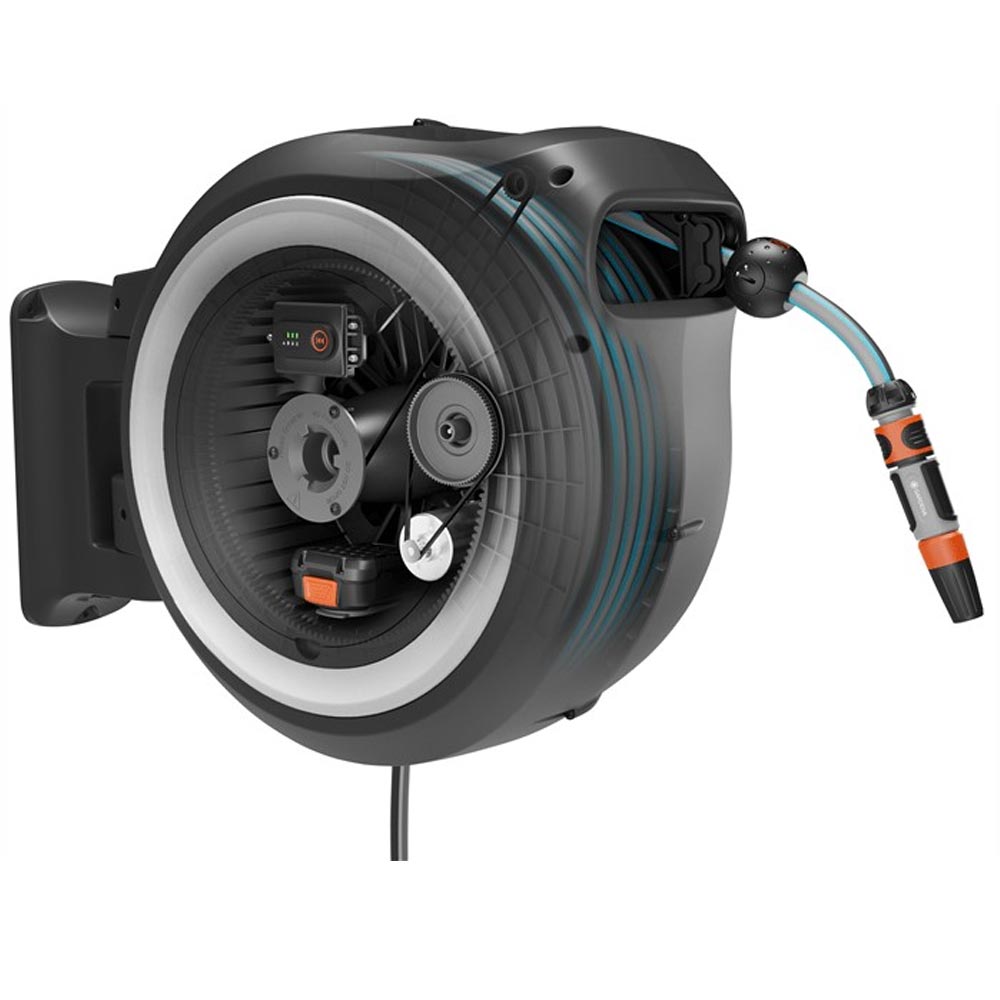 GARDENA 18642-20 Akku-Wand-Schlauchbox PowerRoll XL 18V P4A Ready-To-Use Set (weiß) 35 m