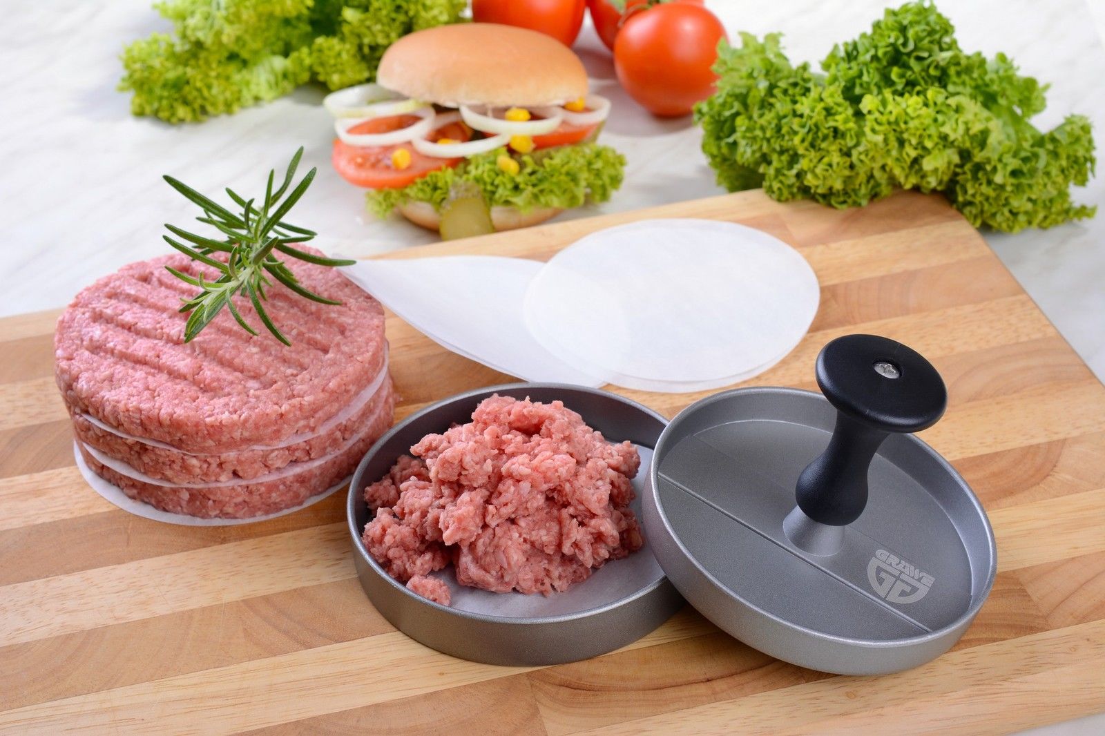 Gräwe Hamburgerpresse inkl. 25 Blatt Backpapier