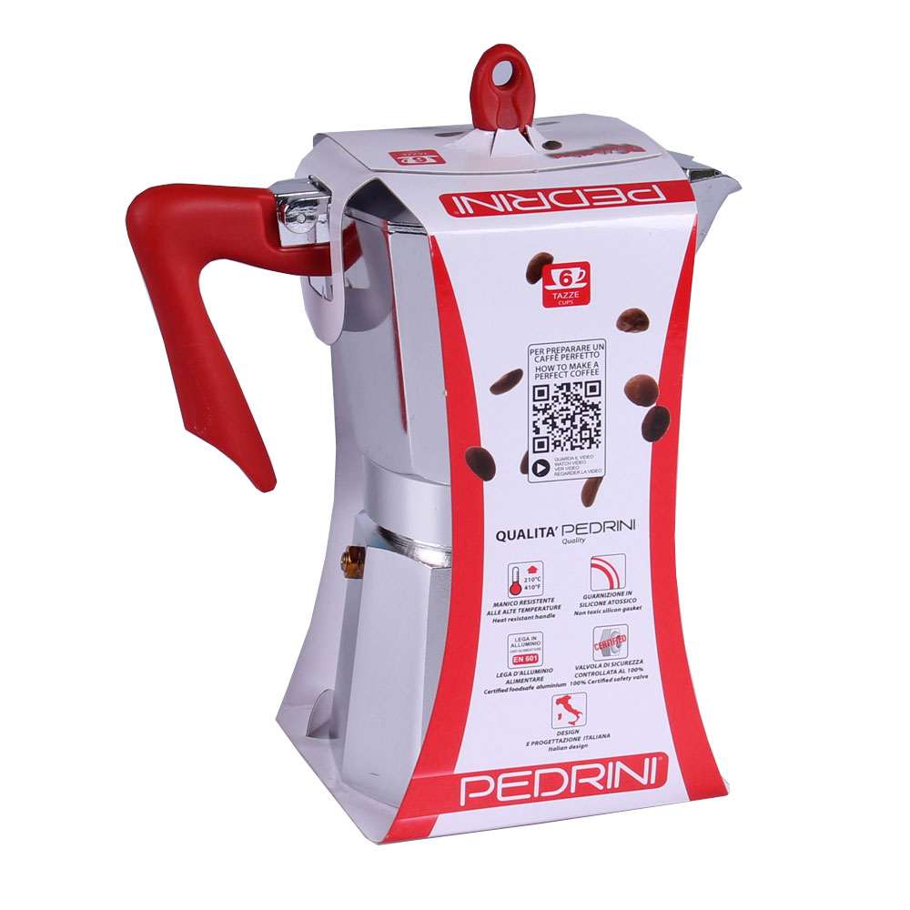 Pedrini polished Aluminum Coffee Maker 6 Tassen silber/rot