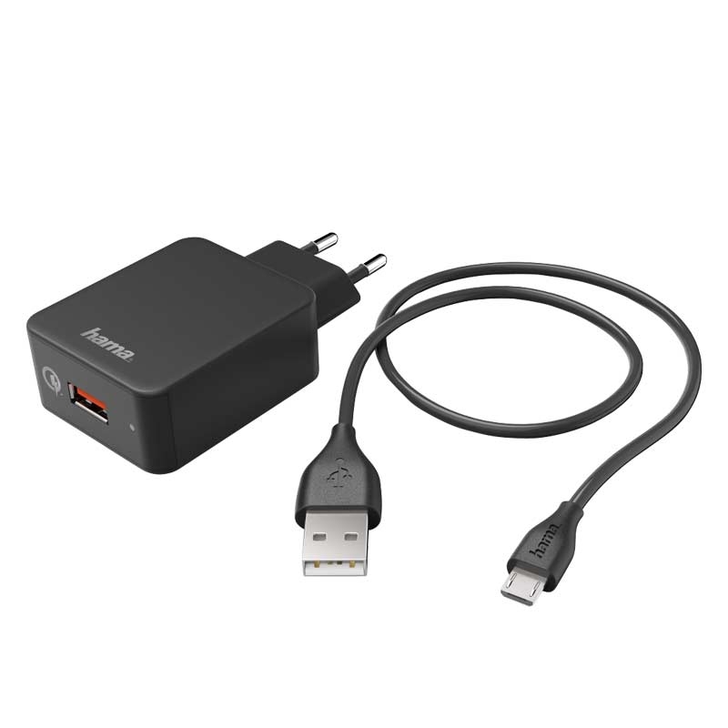 Hama Ladeset, Micro USB, 3 A, Ladegerät QC 3.0 + Micro-USB-Kabel, 1,5 m, Schwarz