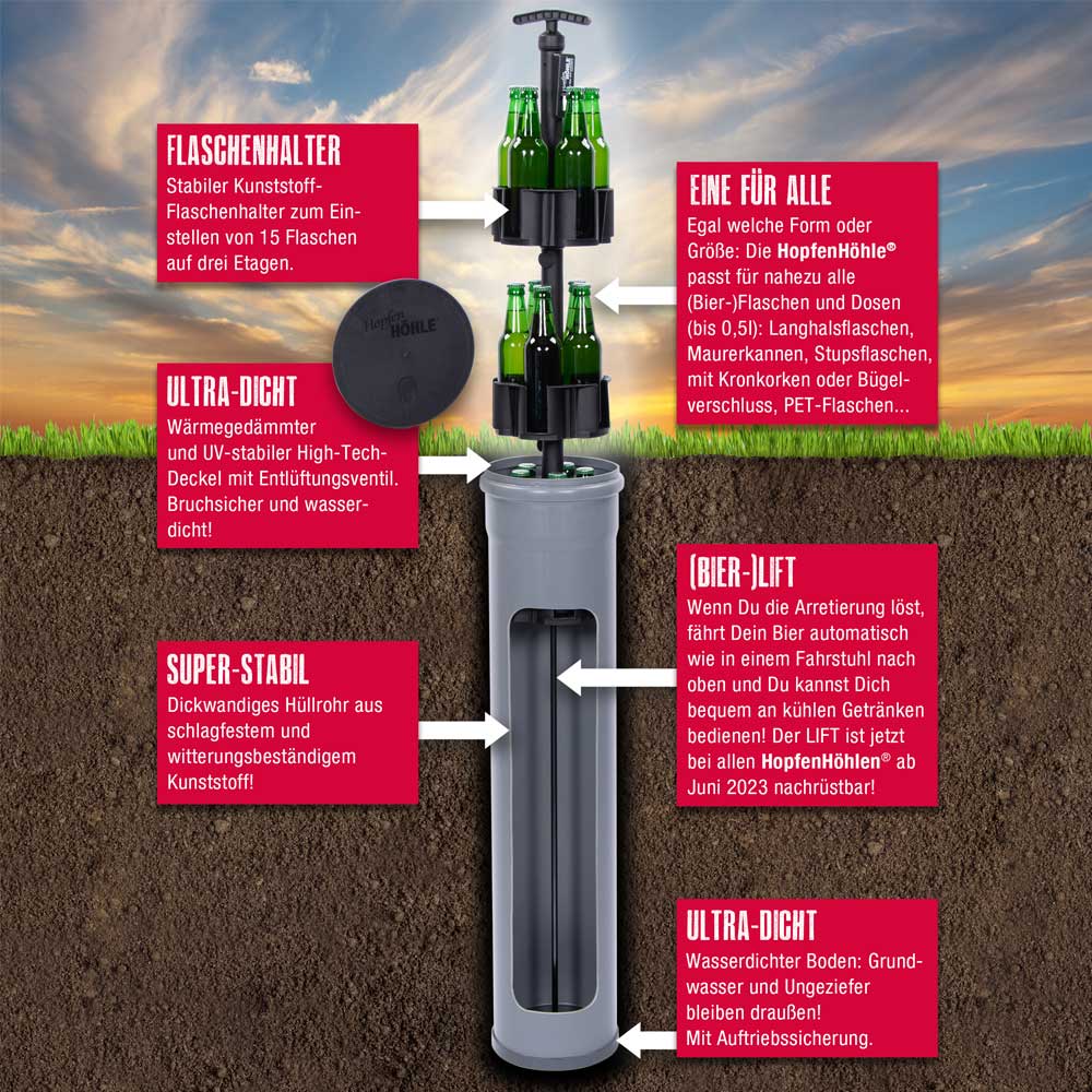 HopfenHöhle LIFT Outdoor Erdloch Bierkühler mit integriertem halbautomatischem Hebesystem