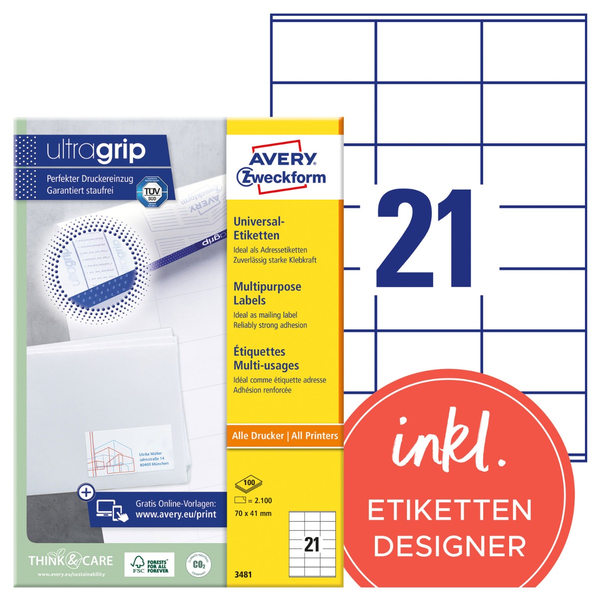 Avery Zweckform, Avery Labels 70 x 41mm White, A4 (3481)