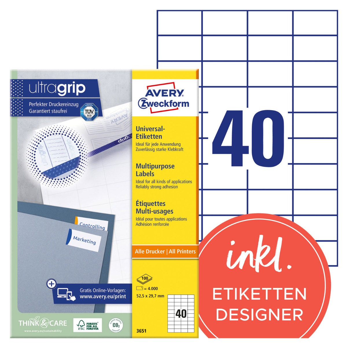 Avery Zweckform, Avery Labels 52,5 x 29,7mm, A4 (3651)