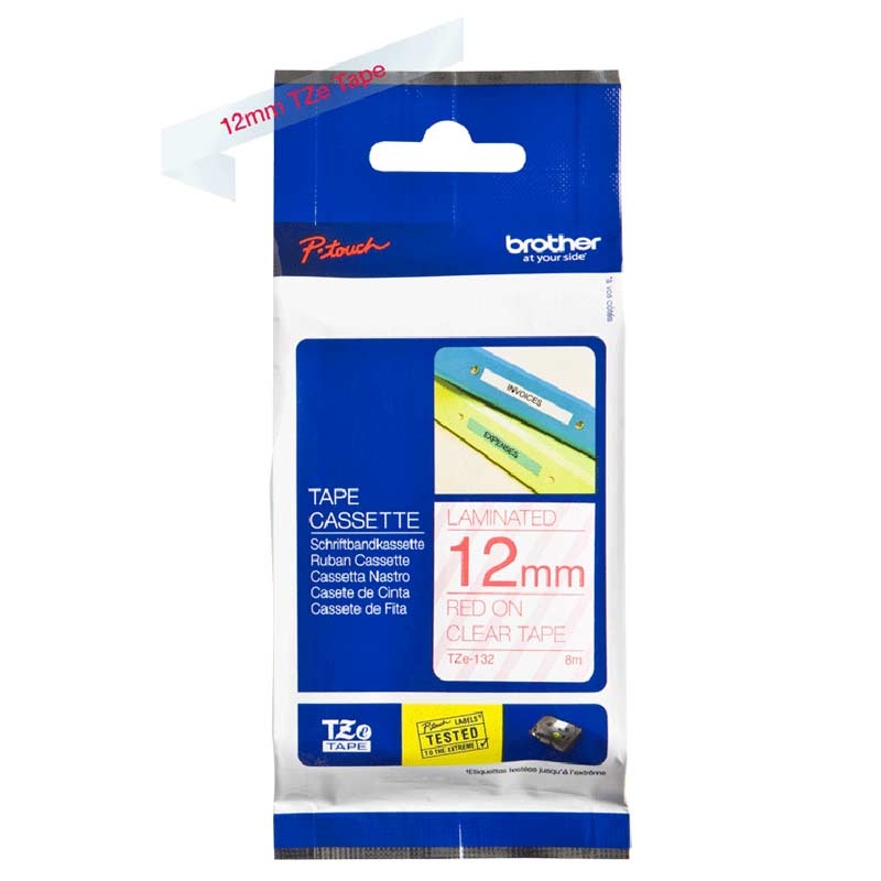 Brother TZe-132 Schriftband P-touch rot auf transparent 12mm